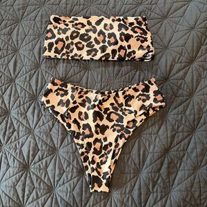 Brown Leopard 2 Piece Bandeau Bikini Swimsuit Womens M High Waist Cheeky